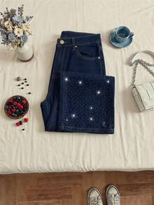 Pantalon wide leg de dama de mezclilla stretch con pedreria de brillos de tiro alto elegante | Jean para mujer de pierna ancha con aplicaciones de cristal y algodon elastico premium diseño de lujo y suave | Pantalon vaquero moderno con detalles brillantes y tecnologia de estiramiento acabado de alta calidad tallas 3 5 7 9 11 13 15 | Ropa de mujer sofisticada y flexible ideal para fiestas o uso diario mas lavados disponibles | Jean de mezclilla con brillos y ajuste perfecto para dama - Stone - Ver 3