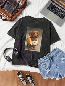 Áo thun nữ cỡ lớn mùa hè in hình chó Dachshund, màu trơn, kiểu dáng đơn giản, cổ điển, rộng rãi, tay ngắn, chất liệu cotton, màu đen. - màu đen - Xem 2