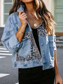 Chaqueta vaquera de manga larga con estampado de leopardo, parches y desgaste casual para primavera - Lavado ligero - Ver 3