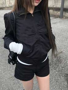 Women's Korean Style Fitted Pleated Zip-Up Casual Jacket - Black - View 2