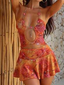 Women Mini Halter Dress Slim Beaded Chain Cut Out Open Back Ruffle Dress For Beach Party Club Travel - Màu cam đỏ - Xem 12