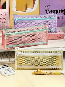 1 hộp đựng bút, văn phòng phẩm bằng lưới trong suốt dành cho học sinh, túi đựng đồ dùng học tập, túi đựng đồ hai lớp có khóa kéo 3D, dung tích lớn. - hộp bút chì - Xem 9