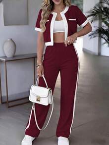 Women's New Cardigan Short Sleeve Jacket & Elastic Waist Loose Pants 2 Pieces Set, Casual Daily Wear, Spring/Summer - Wine Red 18 - View 2