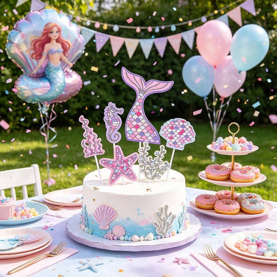 6 piezas Decoraciones para pastel de cumpleaños de sirena, estrella de mar, caballito de mar, cola de pez, concha, serie oceánica de decoraciones para pastel - Inserción de pastel - Ver 1