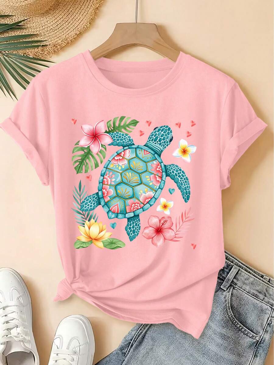 Short-Sleeved T-Shirt With Watercolor Floral Turtle Print, Retro Round Neck, Cool Mori Style, Loose Fit, Spring-Summer 2026, Elegant, Versatile, For Parties, Fashion, Versatile Clothing For Women. - 粉色 - 查看 1