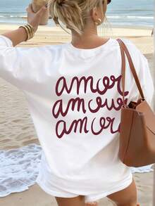 女士休闲短袖T恤，复古酒红色，印有手写字母“Amore”，宽松落肩设计，法式随性风格，百搭日常、街头风、约会、校园通勤、春夏新款Y2K可爱酷炫风 白色 - 白色 - 查看 5