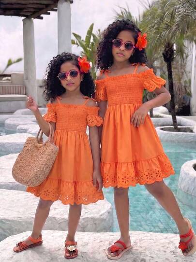 Young Girls Summer New Bohemian Style Solid Color Ruffled Floral Open Shoulder Casual Dress