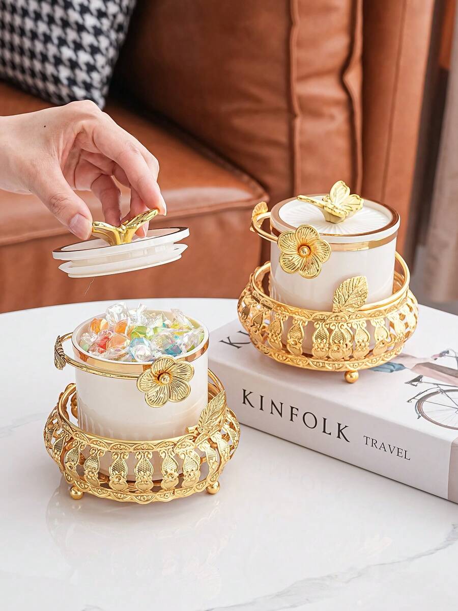 高级糖果罐，金色蝴蝶装饰密封糖果收纳罐，豪华铁质桌面收纳罐 - 查看 1