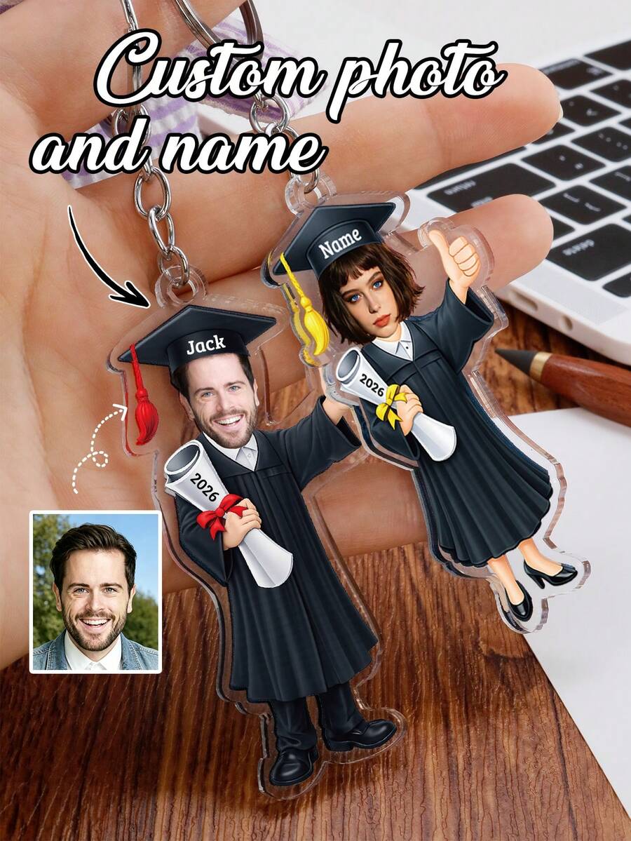 Llavero de foto de graduación personalizado, llavero con nombre personalizado, colgante de bolsa, colgante con diseño de personaje de gorro de graduación lindo - Estilo D - Ver 1