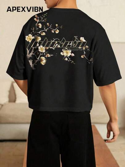 New Chinese Style Ink Plum Blossom Print Short Sleeve T-Shirt, Summer American Street High Fashion Brand Letter Foil Loose Fit Top, Niche Design Chic Versatile Cotton Cropped Tee