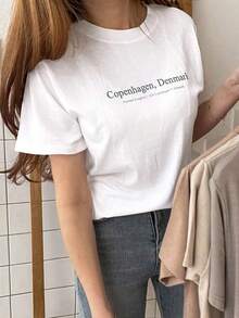 Camiseta de manga corta  para mujer, informal de verano, con estampado de eslogan, cuello redondo, 100% algodón. - Blanco - Ver 9