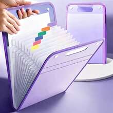 1 Portable Expanding File Folder Organizer - 13 Layers Large Capacity A4 File Storage Bag, Durable PP Plastic With Ergonomic Handle, Sky Blue & Pink Suitable For Office, Home Organization, Desktop File Organizer, Fashionable File Bag, Polypropylene Material - 紫色 - 查看 9