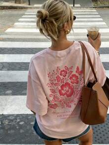 女士夏季新款休闲花卉字母印花宽松百搭圆领深灰色短袖T恤，时尚日常及假日穿着，粉色 - 粉色 - 查看 7