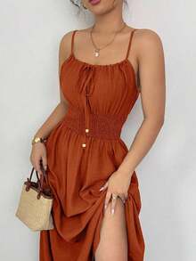 Vestido cómodo de verano y primavera de fibra de lino color café con lazo frontal y cintura con lazada, estilo casual y fluido - Naranja Quemada - Ver 5
