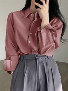Ladies' Solid Color Front Button Casual Long Sleeve Shirt,Fall Clothes - Rosa - Ver 4