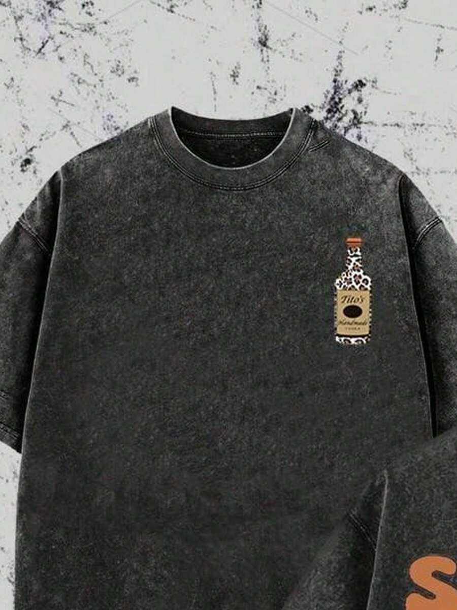 2026 Summer T-Shirts: Retro Style, Tito's Vodka Fan Edition, Leopard Print Details, "SHOW ME YOU TITOS" Playful Slogan, Vintage-Style T-Shirt With Double-Sided Washed Print... Oversized Retro T-Shirt, Men's Casual-Style T-Shirt - màu đen - Xem 1