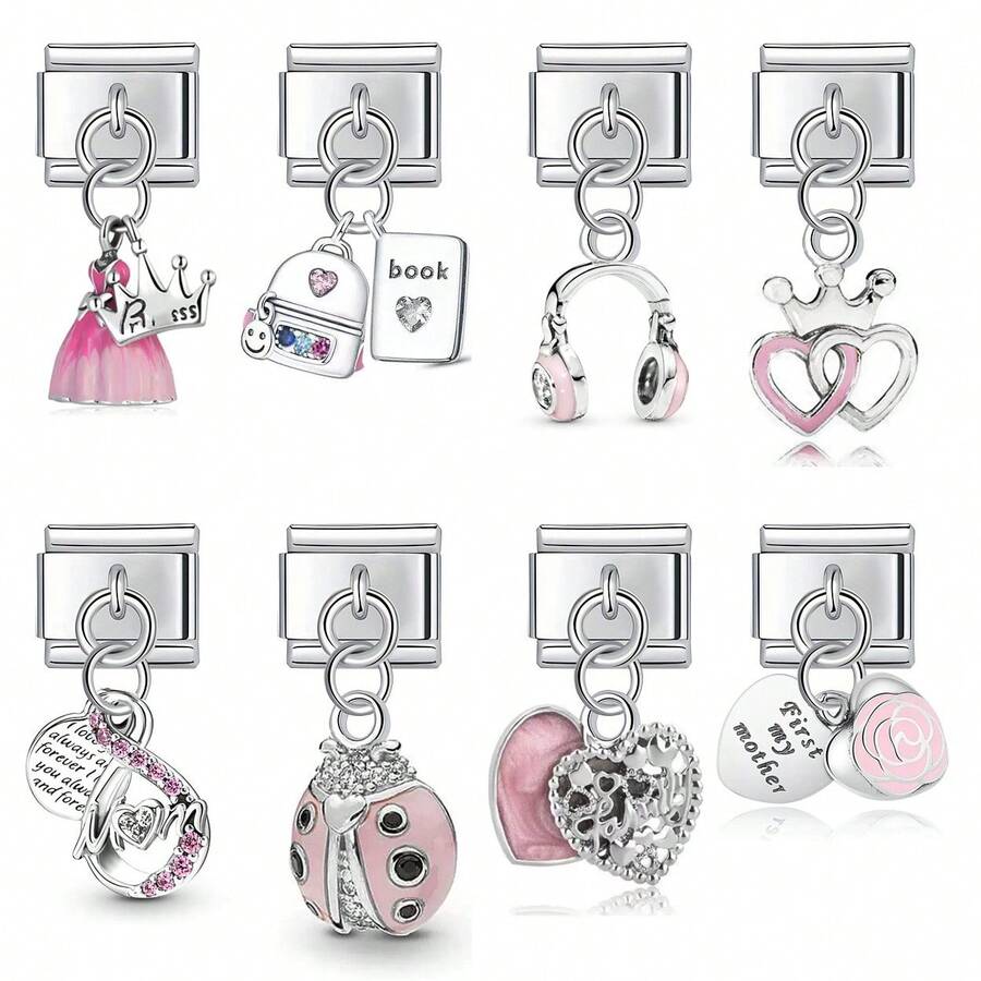 Kit de joyería DIY con brazalete intercambiable de acero inoxidable modular, incluye dijes con forma de corazón, mochila y flor, adecuado para todos, regalo único para mujeres - colgante - Ver 1