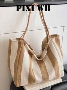 Khaki & White Striped Canvas Tote Bag, Women's Large Capacity Shoulder Bag, Versatile For All Seasons, Suitable For Students, Campus & Commute, Relaxed Style - Khaki - View 6