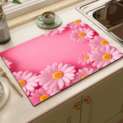 1pc Pink Floral Print Absorbent Mat/Drying Mat For Coffee Maker, Dishes - Polyester Absorbent Desktop Protective Mat With Rubber Anti-Slip Pad, For Kitchen Counter Decor, Home Bar And Dining Table
