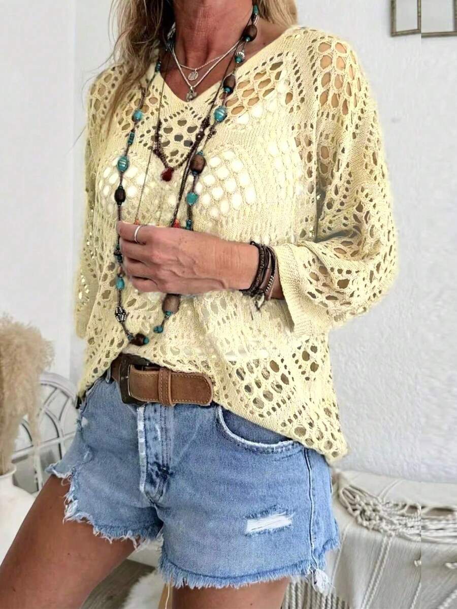 Plus Size Summer Vacation Solid Color Hollow Out Knit Sweater - Yellow - View 1