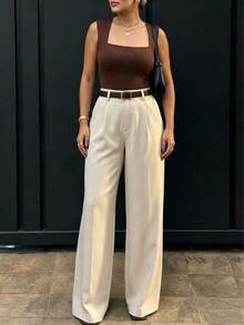 Pantalones anchos de cintura alta y ajuste ceñido en color café, estilo callejero bohemio, adecuados para uso casual, ir al trabajo y vacaciones en primavera/verano - Albaricoque 2 - Ver 5