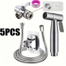 5 pièces Ensemble de pistolet de bidet en acier inoxydable - Nettoyeur haute pression avec support et tuyau pour le bain d'animaux de compagnie/le nettoyage de l'évier, Installation sans perçage économe en eau (matériau 304) - 5 pièces - Voir 1