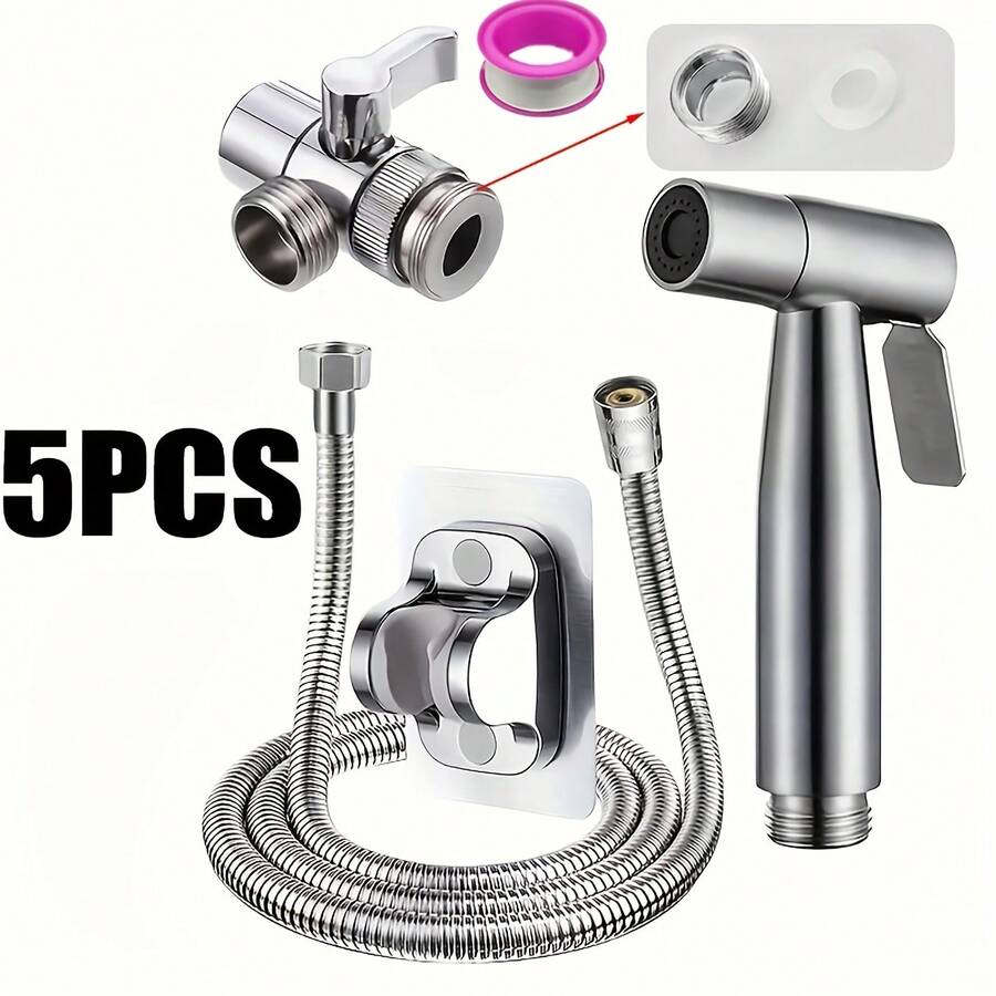 5 pièces Ensemble de pistolet de bidet en acier inoxydable - Nettoyeur haute pression avec support et tuyau pour le bain d'animaux de compagnie/le nettoyage de l'évier, Installation sans perçage économe en eau (matériau 304) - 5 pièces - Voir 1