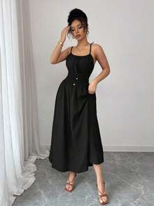 Vestido cómodo de verano y primavera de fibra de lino color café con lazo frontal y cintura con lazada, estilo casual y fluido - Negro - Ver 3