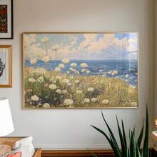 1幅帆布墙画，带框墙饰，复古海岸风格白色野花和悬崖草甸油画，海景和海滨风景墙画，以柔和的蓝天和野花为特色 - 海岸野花 - 查看 4