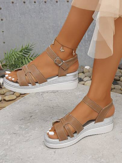 Giày sandal đế xuồng cao gót cho nữ, kiểu dáng thường ngày, quai điều chỉnh được, hở mũi, thoải mái.