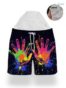 Men's Summer Casual Vacation Drawstring Elastic Waist Mesh Lining Shorts, Graffiti Hand Print Artistic 3D Pattern Fashion Beach Swim Trunks - Black - View 2