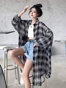Áo sơ mi dài tay kẻ caro dáng lửng, nhẹ, rộng rãi, chống nắng, thích hợp cho nữ, mùa hè. - màu đen - Xem 4