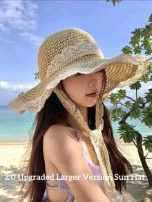 两件套：女士钩针编织单肩包和草编遮阳帽 - 可爱的花卉网纱沙滩包，配有蕾丝边宽檐帽，轻便透气，适合夏季、海滩、旅行和户外活动 - 帽子包包 - 查看 4