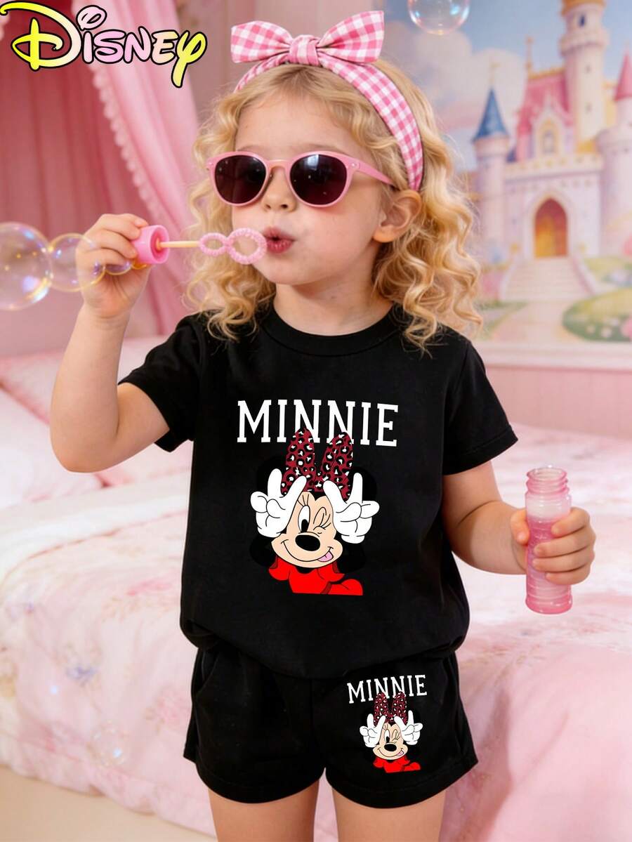Disney Baby's Short-Sleeved Shirt And Shorts Set, 2-Piece, Minnie "MINNIE" Letter Pattern Printed,Cute, Comfortable, Breathable, And Skin-Friendly For Children. Summer T-Shirt As A Base Layer For Pullover Shirts, Sportswear And Sports Suits,Ropa De Bebe Recien Nacido - màu đen - Xem 1