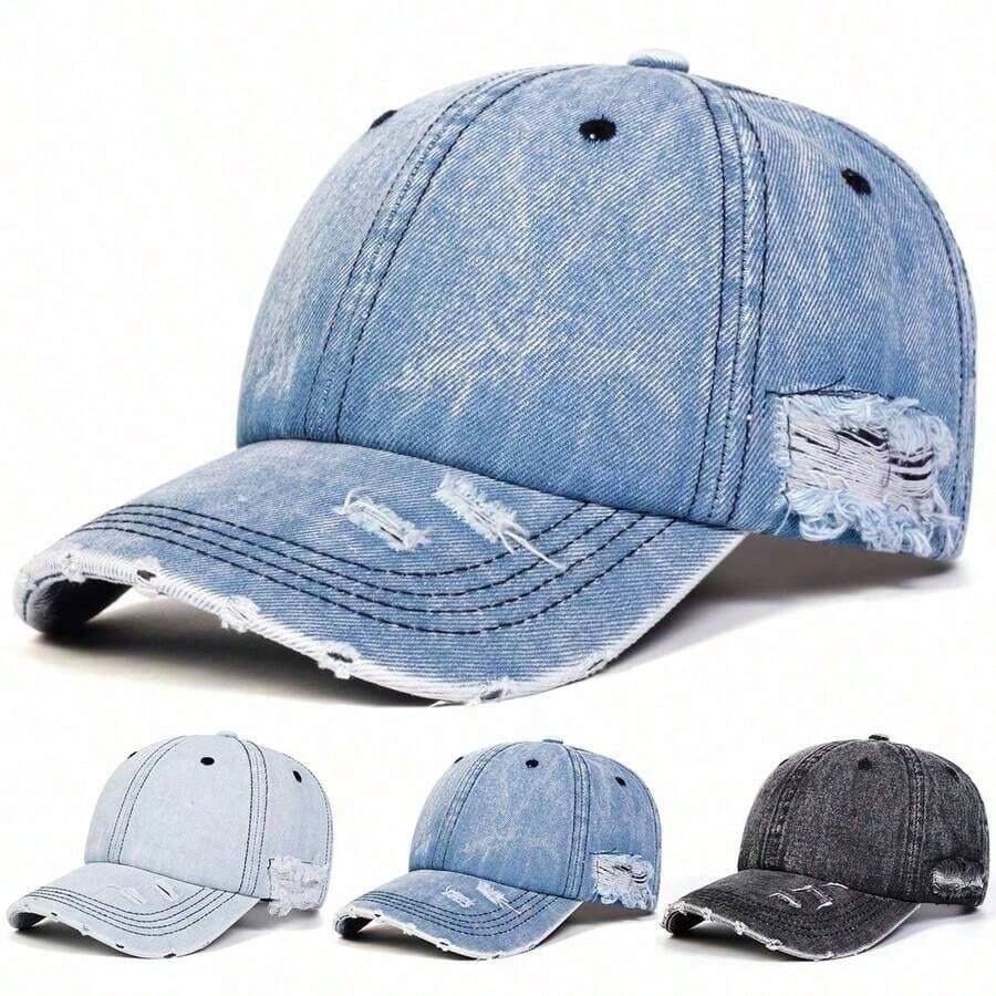 1Piece Vintage Holes Denim Wash Baseball Cap Outdoor Adjustable Sunscreen Leisure Cap Unisex Travel Tourism Beach Vacation - Multicolor - View 1