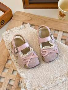Giày sandal chấm bi nơ cho bé gái, giày mùa hè mới đế mềm kín mũi cho bé, giày công chúa chống trượt cho trẻ nhỏ. - Hồng - Xem 3