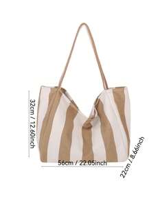 Khaki & White Striped Canvas Tote Bag, Women's Large Capacity Shoulder Bag, Versatile For All Seasons, Suitable For Students, Campus & Commute, Relaxed Style - Khaki - View 2
