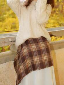 1pc Half-Length Skirt, American Retro Irregular Pattern Patchwork Layered Top, Chic And Stylish Girl Outfit With High-End Half-Length Skirt - Multicolor - View 6