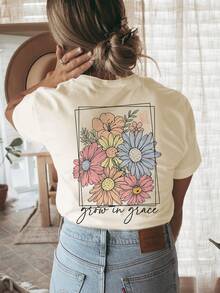 Graphic Print Short Sleeve Round Neck Casual Women Tops, Suitable For Summer And Spring - Apricot - View 1