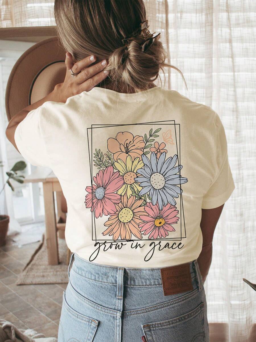 Graphic Print Short Sleeve Round Neck Casual Women Tops, Suitable For Summer And Spring - Apricot - View 1