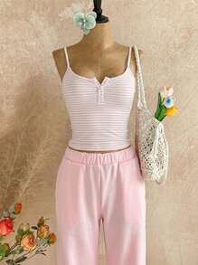 Temptaria Áo tank top hai dây cài nút kẻ sọc bằng vải dệt kim VIVINA dành cho nữ, đa năng cho mặc hàng ngày, hẹn hò, mặc ở nhà và dự tiệc, màu hồng mùa hè. - Hồng - Xem 1