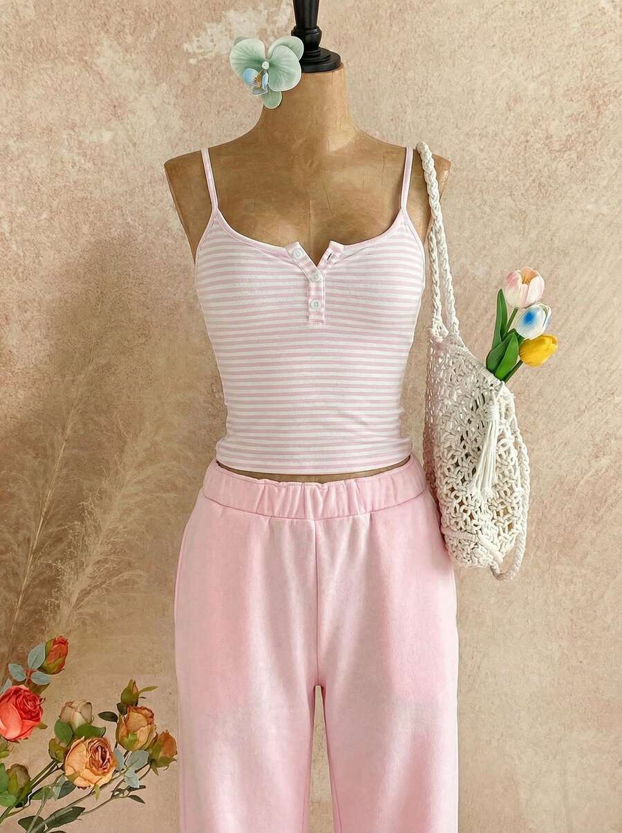 Temptaria Áo tank top hai dây cài nút kẻ sọc bằng vải dệt kim VIVINA dành cho nữ, đa năng cho mặc hàng ngày, hẹn hò, mặc ở nhà và dự tiệc, màu hồng mùa hè. - Hồng - Xem 1