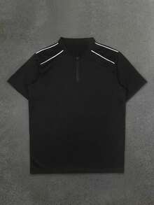 Camiseta vintage de cuello alto con media cremallera, camiseta casual suelta de manga corta con rayas reflectantes negras funcionales para hombres - Negro - Ver 3