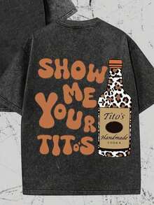 2026 Summer T-Shirts: Retro Style, Tito's Vodka Fan Edition, Leopard Print Details, "SHOW ME YOU TITOS" Playful Slogan, Vintage-Style T-Shirt With Double-Sided Washed Print... Oversized Retro T-Shirt, Men's Casual-Style T-Shirt - màu đen - Xem 2