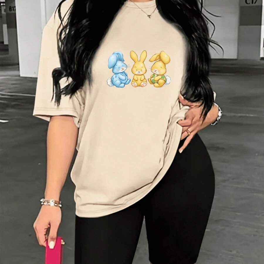 1 Piece Kawaii Rabbit T-Shirt Casual Style For Women Spring Summer Available In Various Colors Relaxed Fit - Apricot - View 1