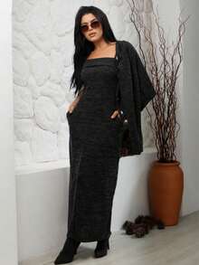 Autumn Chic Set: Long Dress With Slit + Elegant Jacket – Sophistication That Warms With Style ✨ Elegant Casual Knit Fabric Daily Formal And Evening Autumn - 黑色 - 查看 1