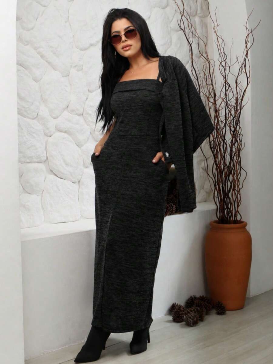 Autumn Chic Set: Long Dress With Slit + Elegant Jacket – Sophistication That Warms With Style ✨ Elegant Casual Knit Fabric Daily Formal And Evening Autumn - 黑色 - 查看 1