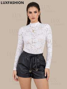 Women's Lace Bodysuit, Long Sleeves, High Neck, Transparent, Elegant, Winter Fashion - trắng - Xem 4