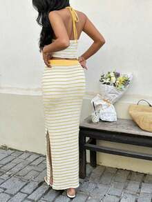 Conjunto de top corto con escote en V profundo y espalda descubierta, y falda larga tipo maxi a rayas azules, sexy y romántico para primavera/verano, playa, citas, fiestas - Amarillo claro - Ver 2