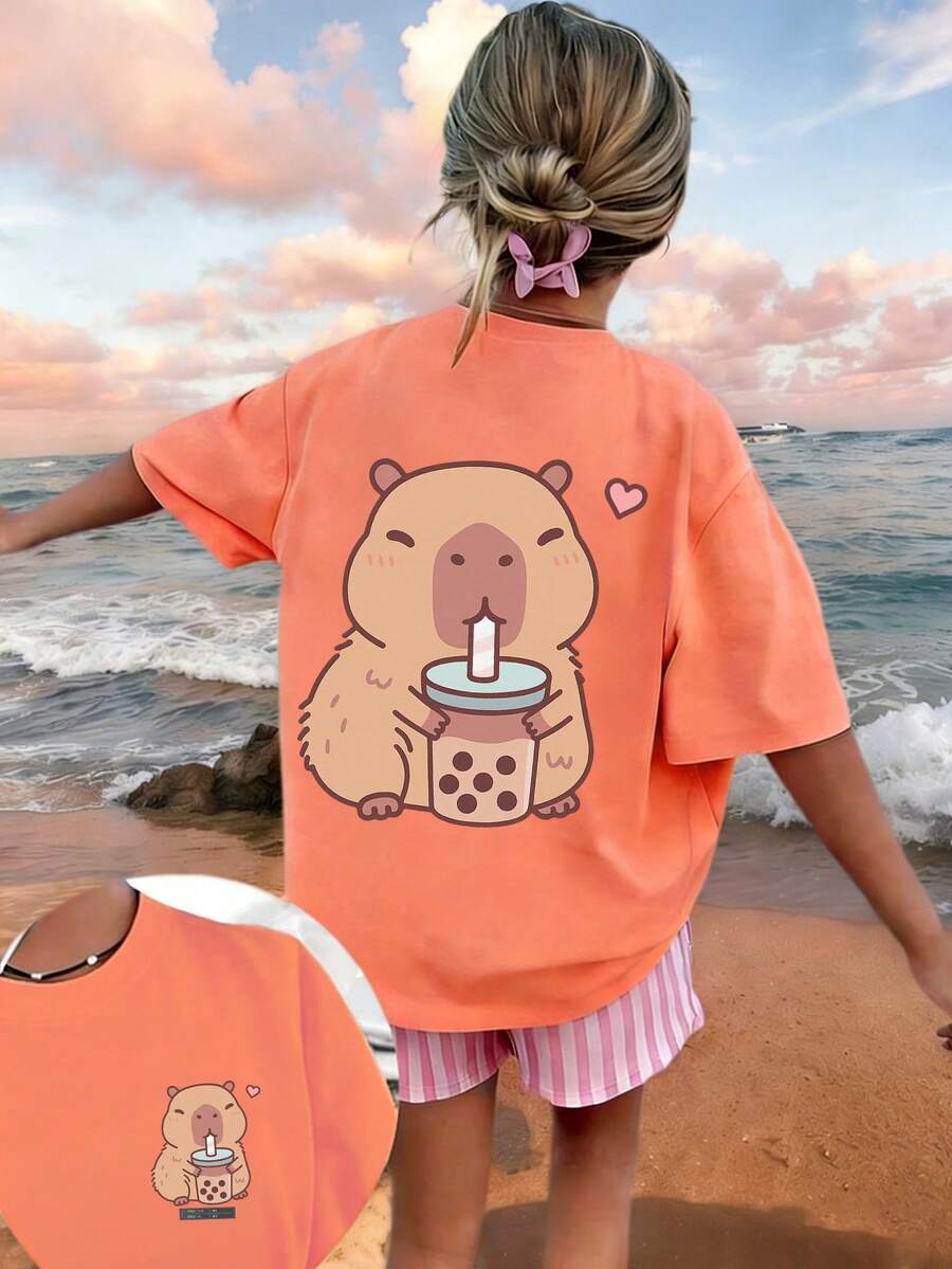 Camiseta de manga corta con cuello redondo y estampado divertido, top de verano para adolescentes - Naranja - Ver 1
